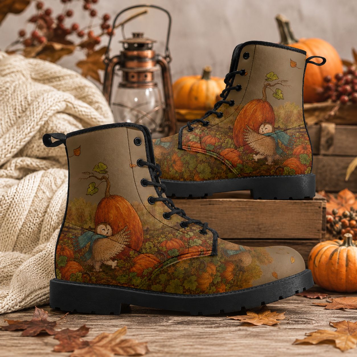 Women's Lace-Up Boots with Owl and Pumpkin – Brown Autumn Boots with Owl Motif