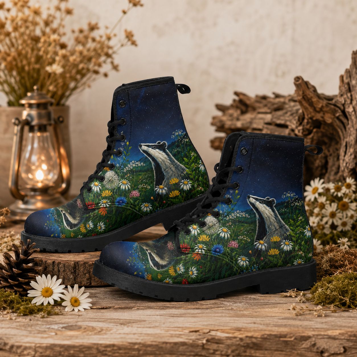Women's Dachs Lace-Up Boots – Blue Boots with Wildflower &amp; Forest Motif