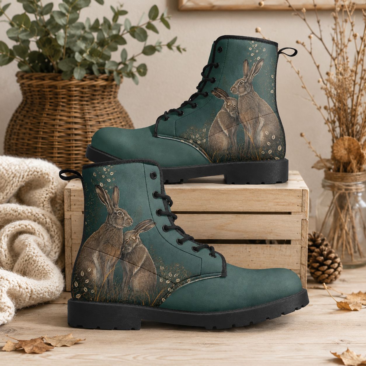 Women's lace-up boots with a rabbit motif – Green boots with rabbits