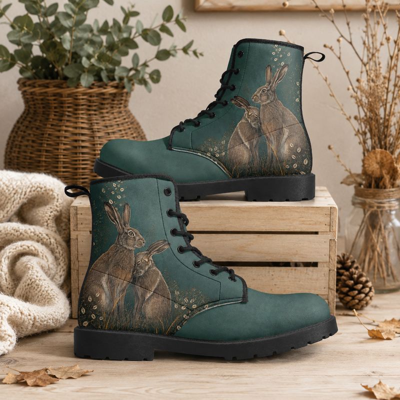 Women's lace-up boots with a rabbit motif – Green boots with rabbits