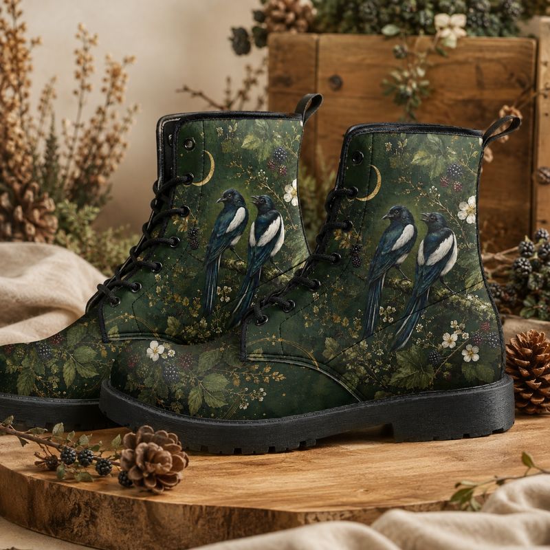 Women's lace-up boots with magpies – dark green boots with a bird motif