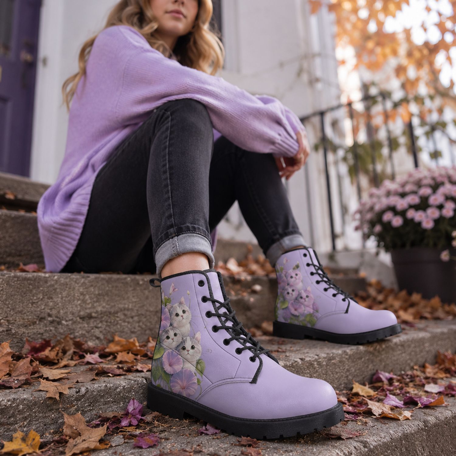 Women's lace-up boots with cats – Purple boots with flowers and cat motif