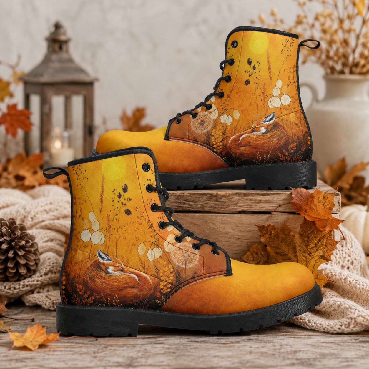Women's Lace-Up Boots "Fox Autumn" – Orange boots with a floral forest motif, ankle boots for women