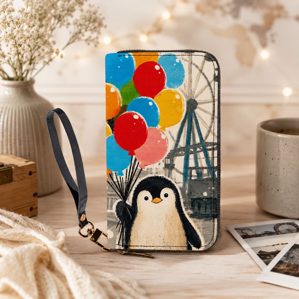 Women's Penguin Wallet with Balloons – Large Wallet with Leather Strap