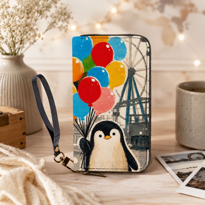 Women's Penguin Wallet with Balloons – Large Wallet with Leather Strap