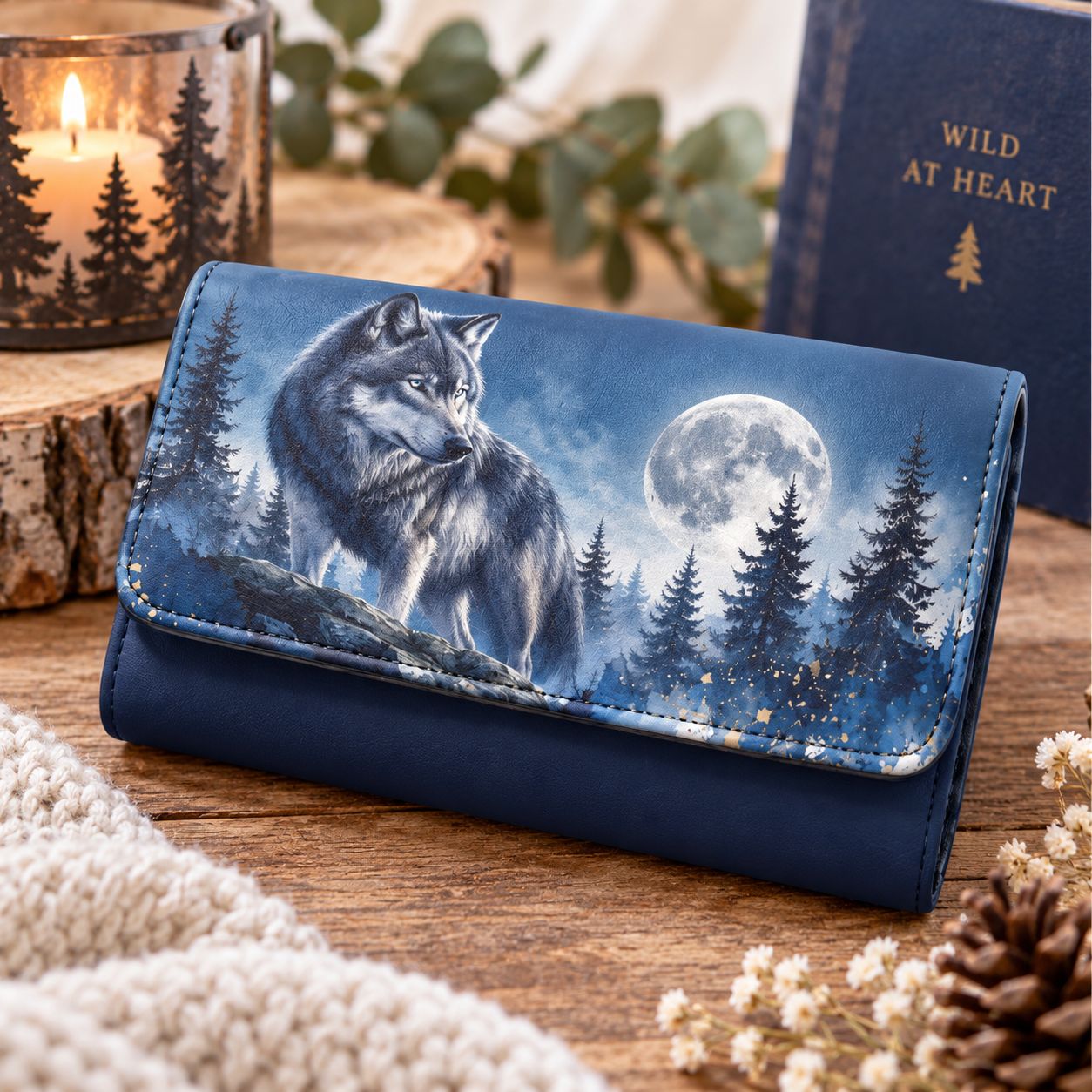 Women's Wolf &amp; Moon Wallet – Large Faux Leather Wallet