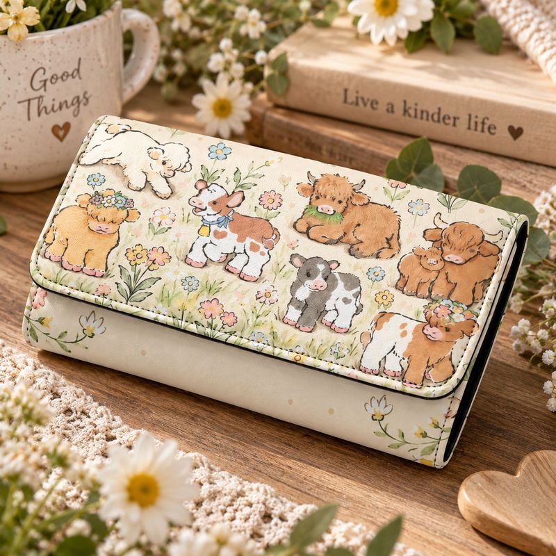 Women's Wallet with Cows &amp; Flowers – Faux Leather Farm-Themed Wallet