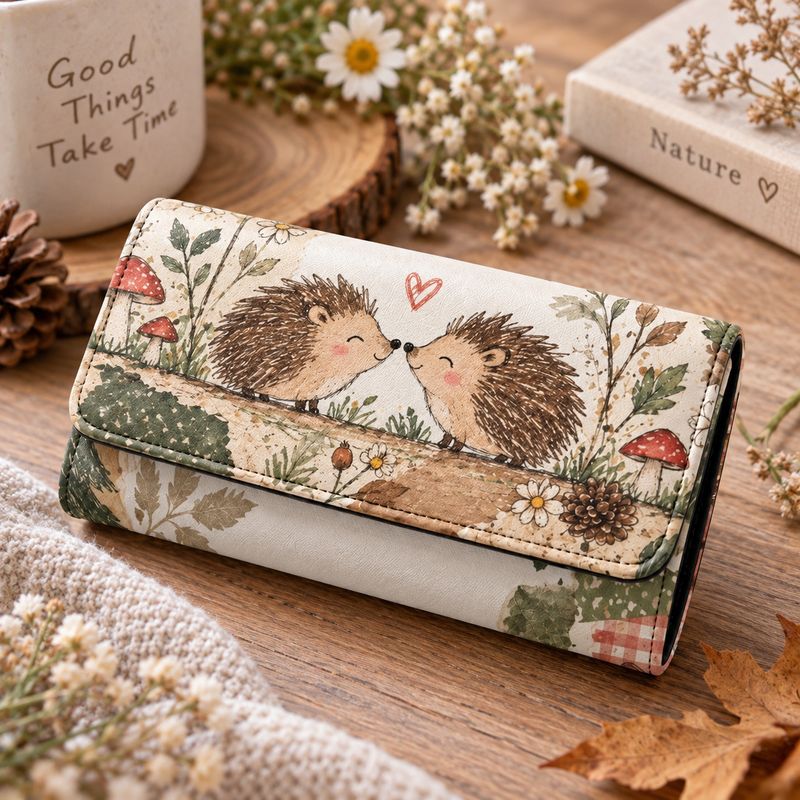 Women's Hedgehog Wallet – Wallet featuring a pair of hedgehogs, flowers, and mushrooms