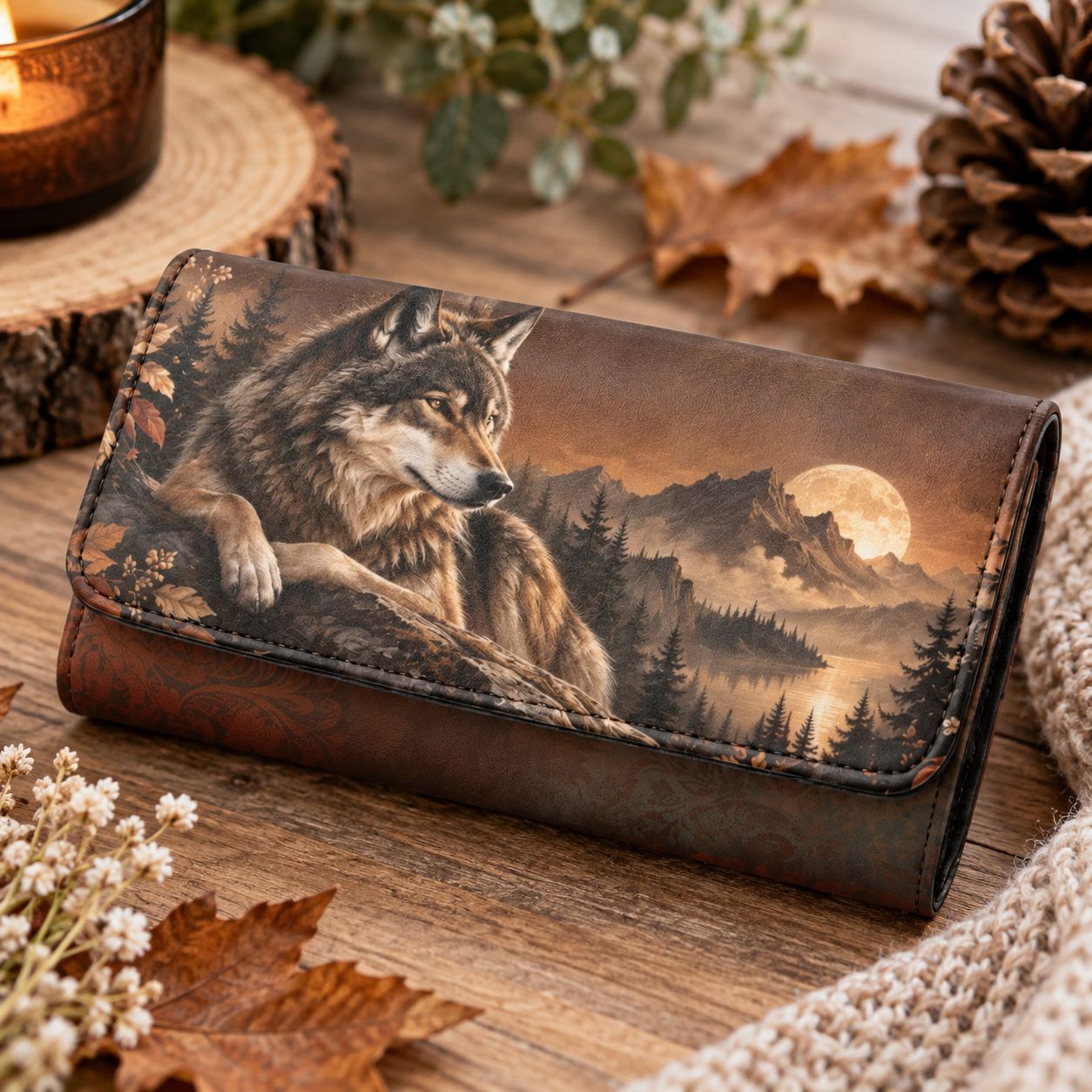 Brown Women's Wallet "Wolf &amp; Moon" – Large Faux Leather Wallet