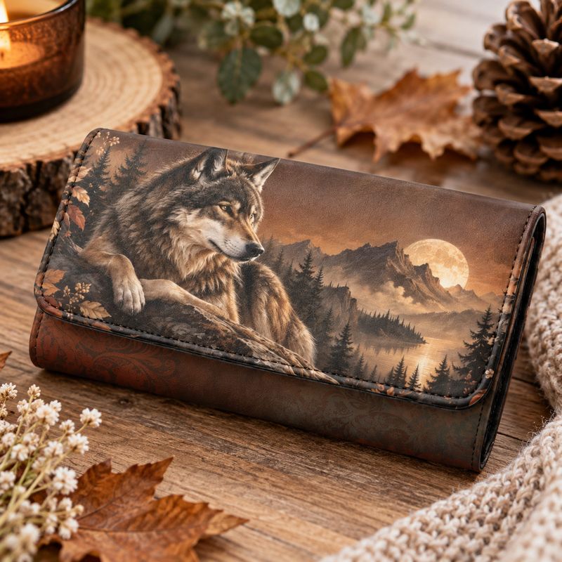 Brown Women's Wallet "Wolf &amp; Moon" – Large Faux Leather Wallet