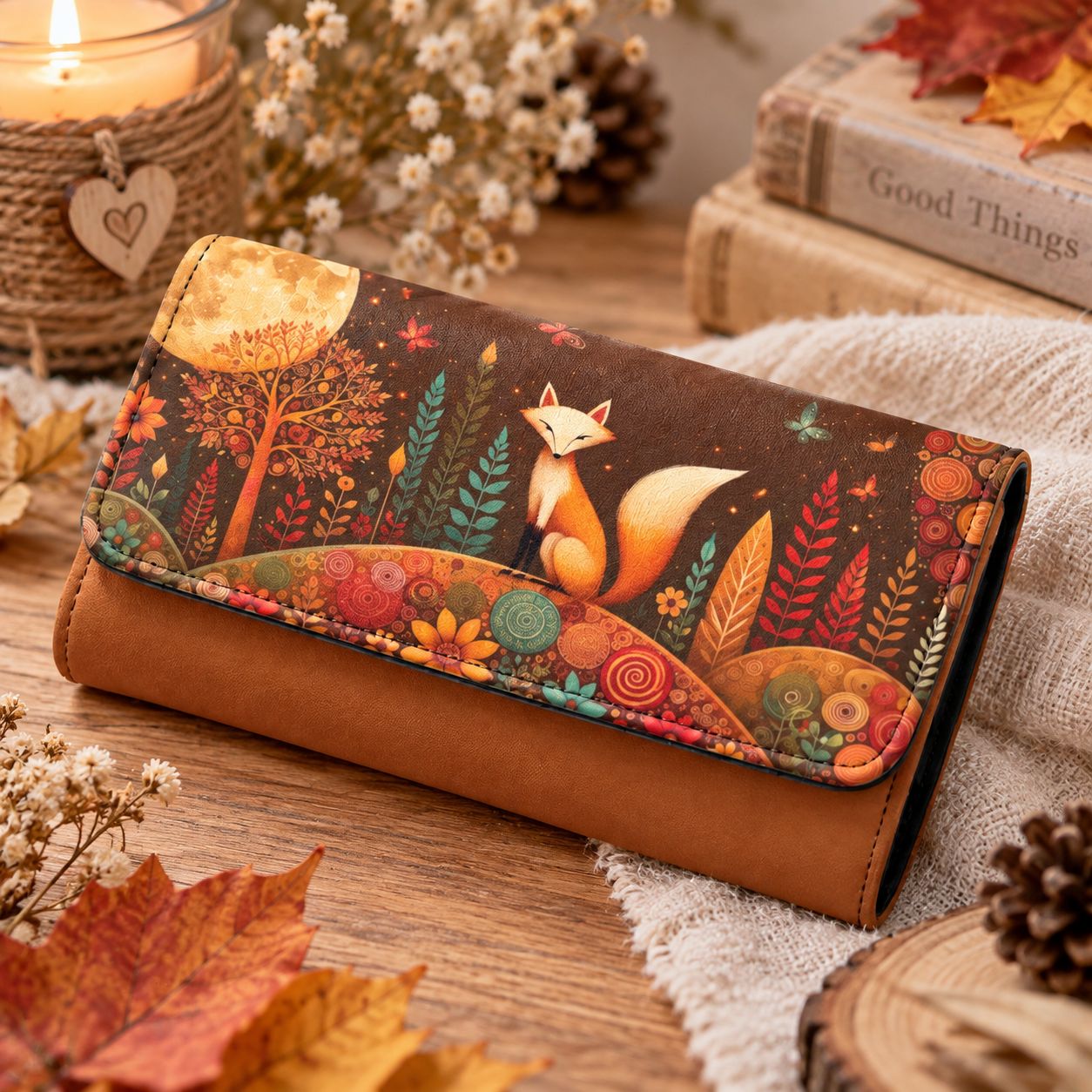 Women's Fox Wallet – large faux leather wallet with forest and autumn motif
