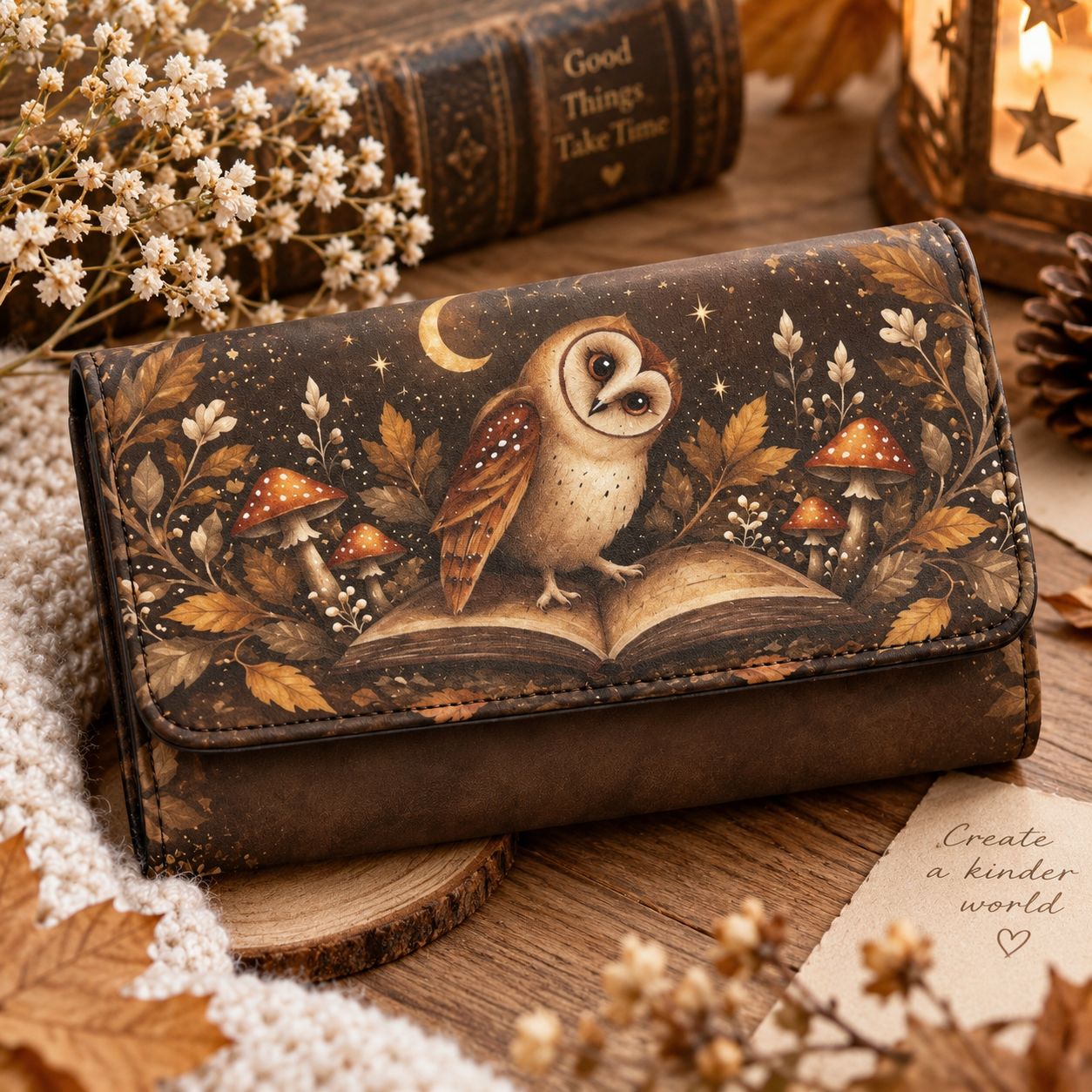 Women's Owl &amp; Mushroom Wallet – Brown Faux Leather Wallet