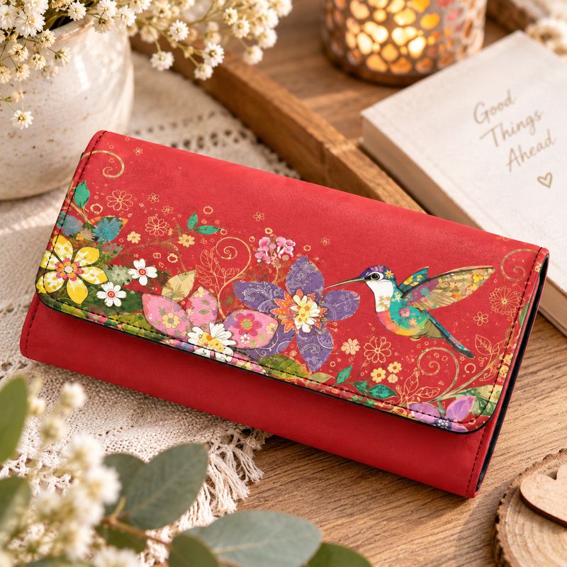 Women's Hummingbird and Flower Wallet – Red Faux Leather Wallet