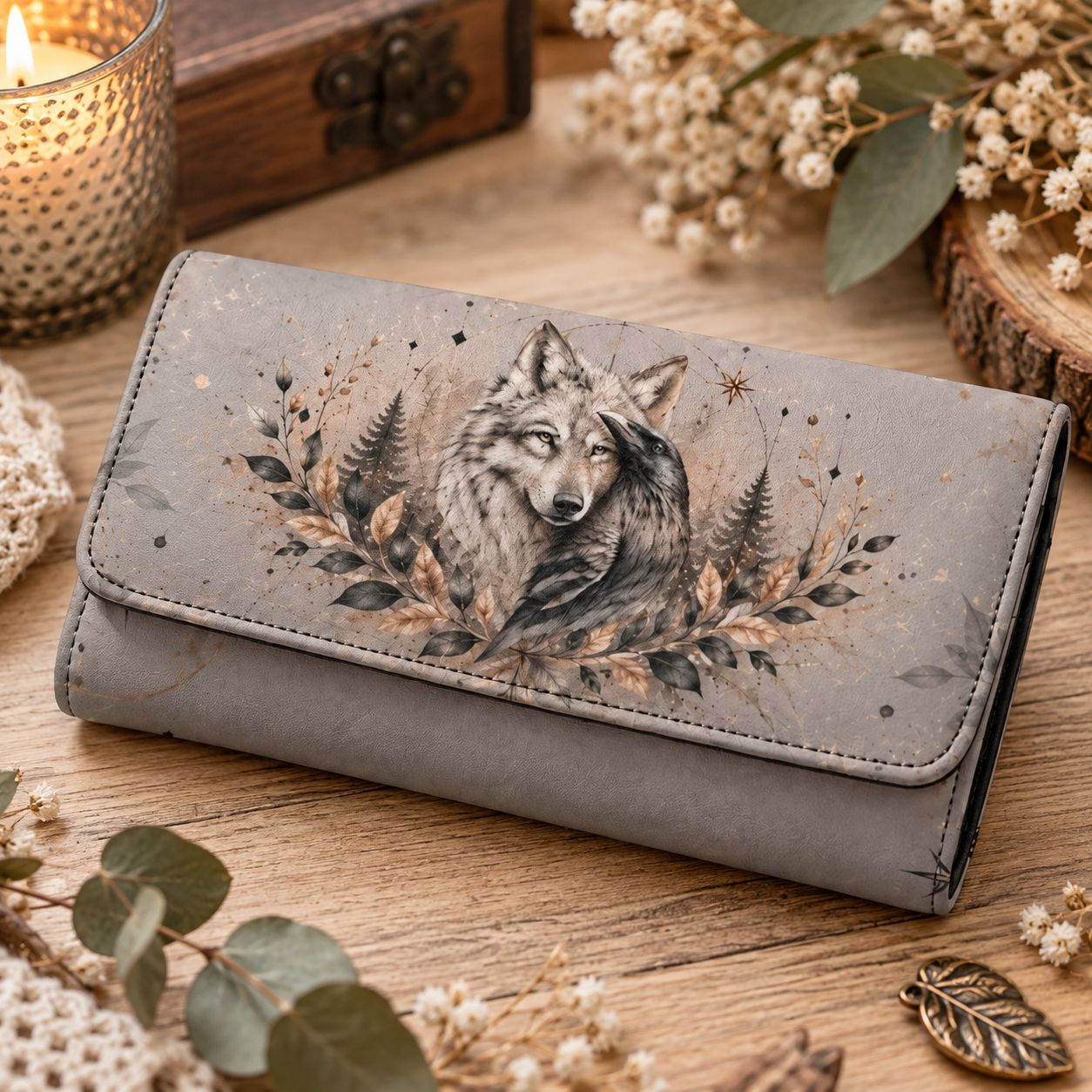 Women's Wolf and Raven Wallet – Grey Wallet with Forest Motif