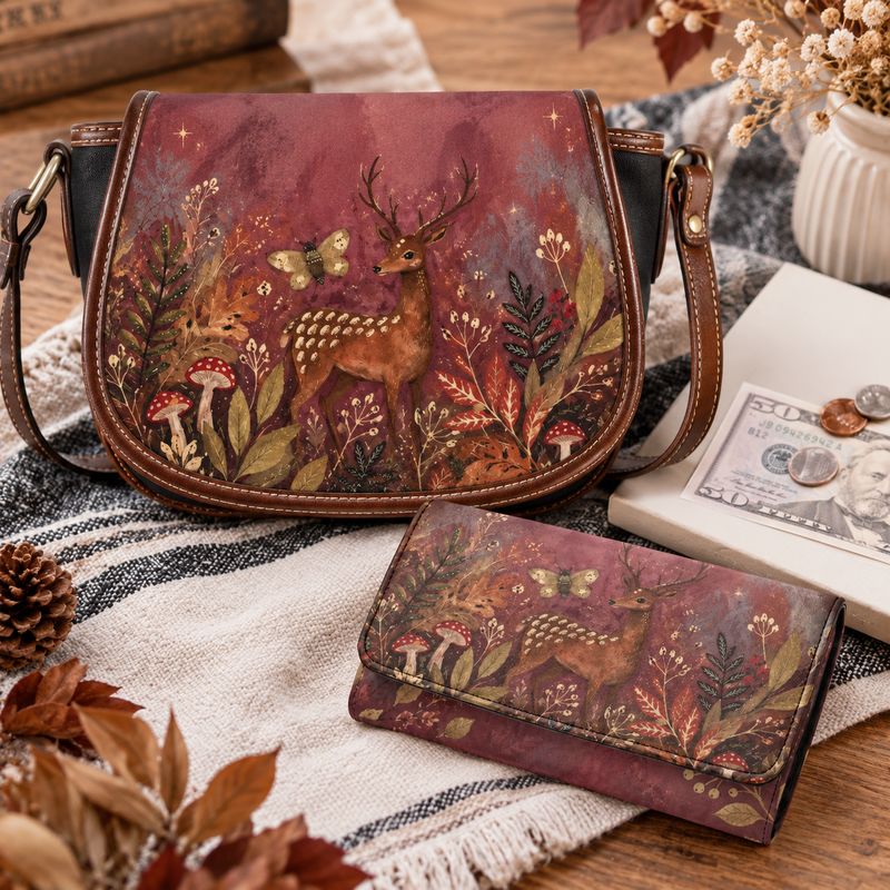 Women's Crossbody Bag with Wallet – 2-Piece Set with Deer &amp; Forest Motif