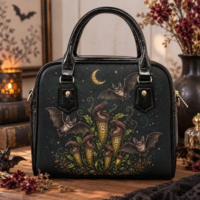 Damen Handtasche mit Schultergurt – Fledermaus & Pflanzen Motiv
