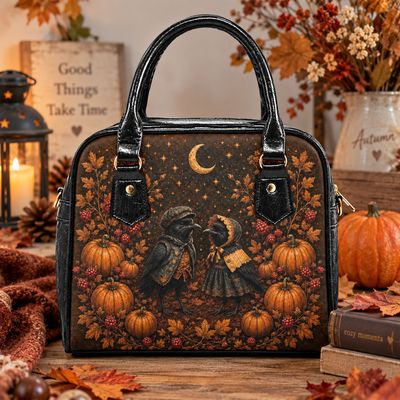 Damen Handtasche mit Schultergurt – Raben & Kürbis Motiv