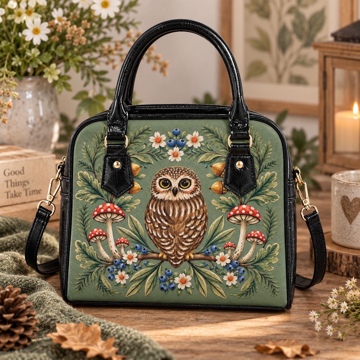 Women's handbag with shoulder strap – owl and mushroom motif