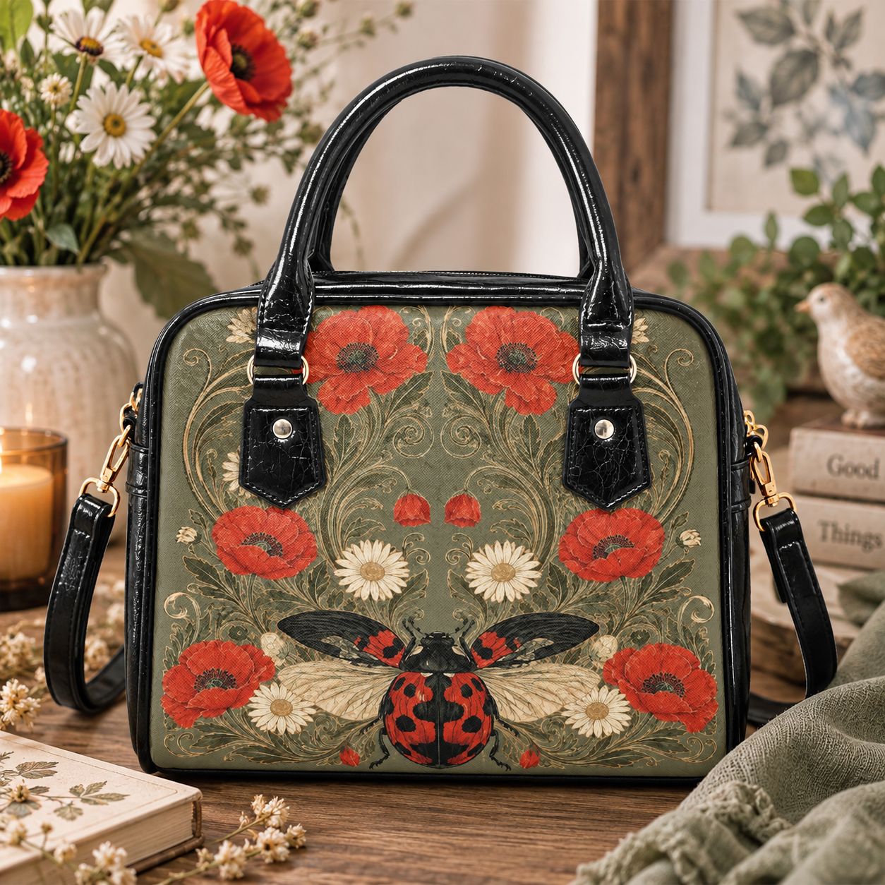 Women's Handbag with Shoulder Strap – Ladybug &amp; Poppy Motif