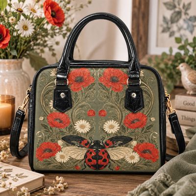 Damen Handtasche mit Schultergurt – Marienkäfer & Mohnblumen Motiv