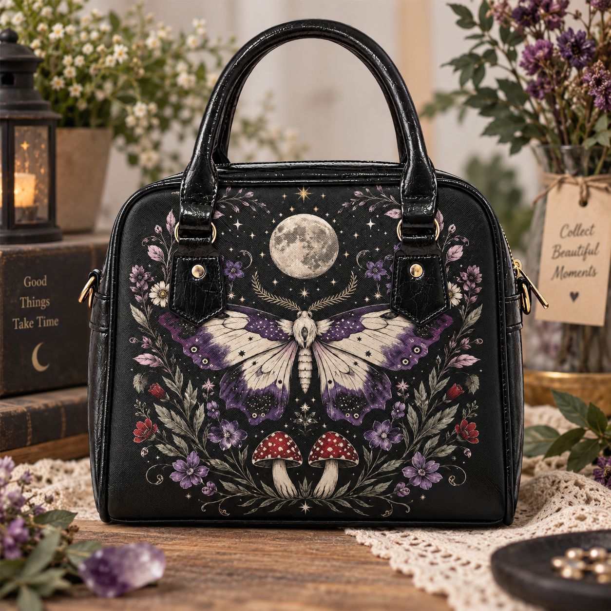 Women's handbag with shoulder strap – moth and moon design