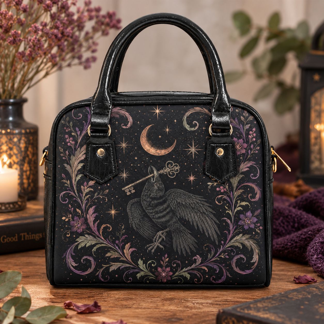 Women's handbag with shoulder strap – raven motif