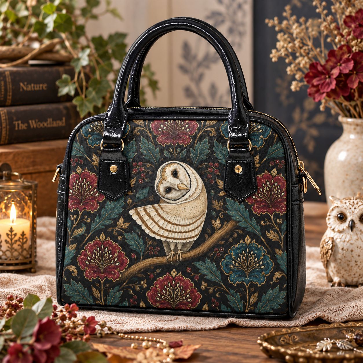 Women's Handbag with Shoulder Strap – Barn Owl &amp; Floral Motif