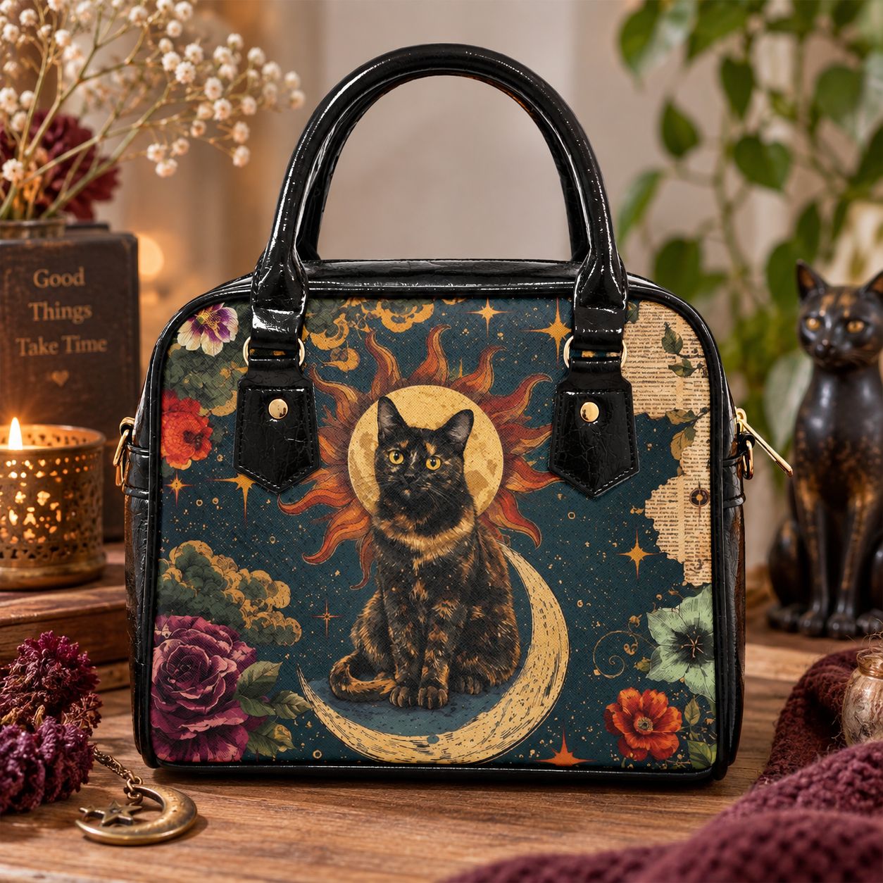 Women's Handbag with Shoulder Strap – Black Cat with Moon and Flowers Motif