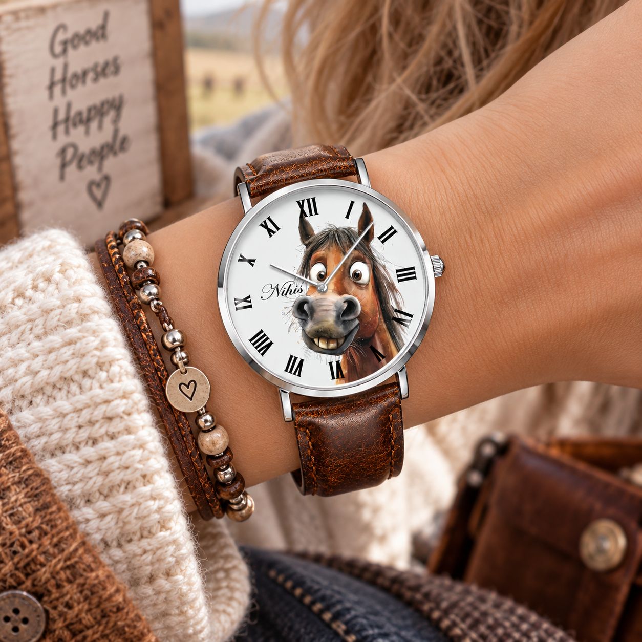 Silver leather wristwatch with a fun horse motif