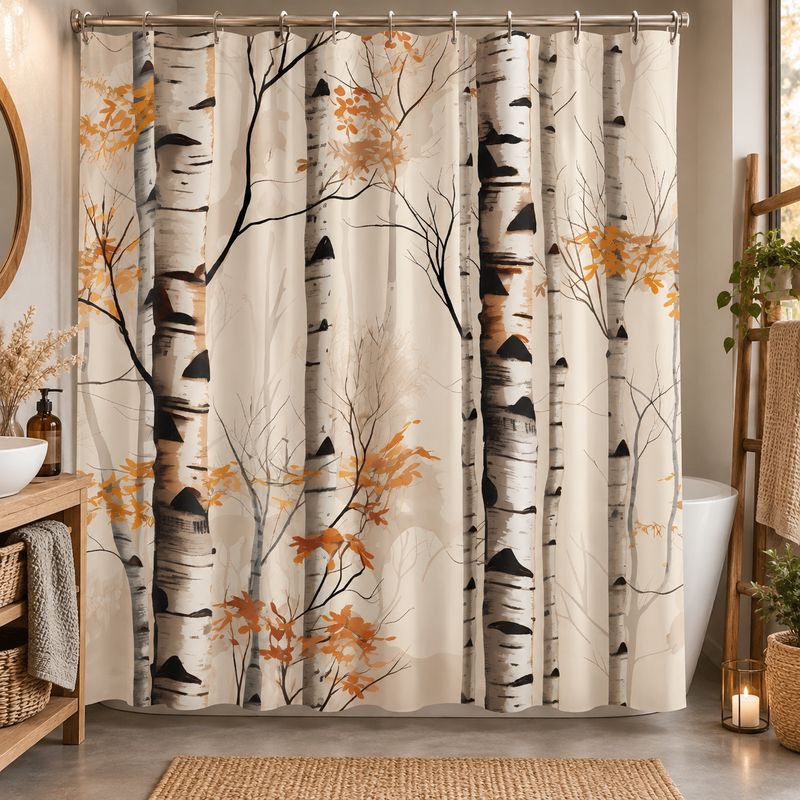 Birch Forest Shower Curtain – Polyester Bath Curtain with Birch Trees and Autumn Leaves Birch Forest Shower Curtain – Polyester Bath Curtain with Birch Trees and Autumn Leaves
