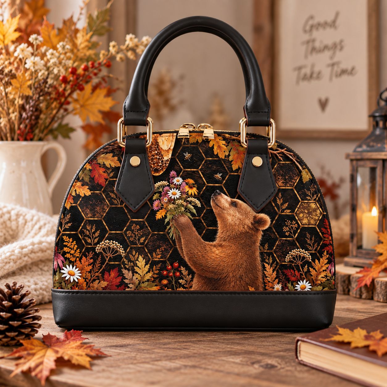 Small women's crossbody bag with bear &amp; flowers