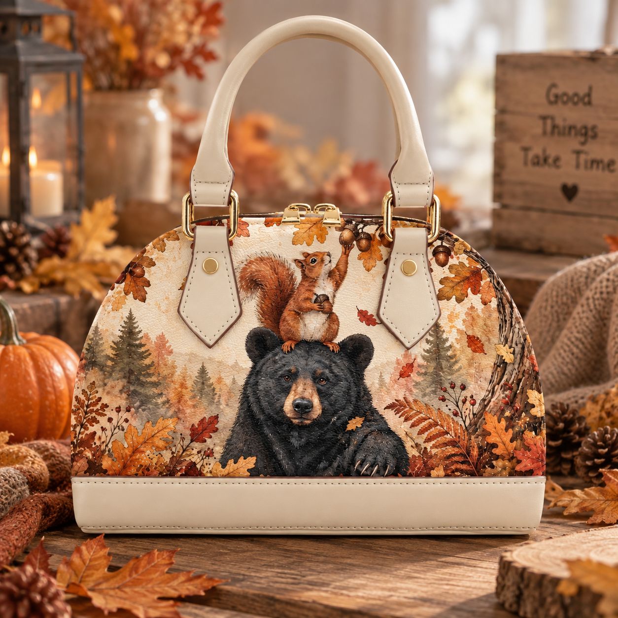 Small women's crossbody bag with an autumn forest design