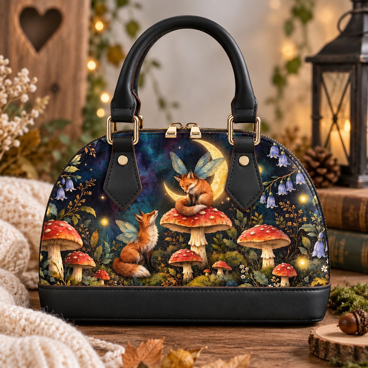 Small women's crossbody bag featuring foxes, mushrooms, the moon, and floral elements.