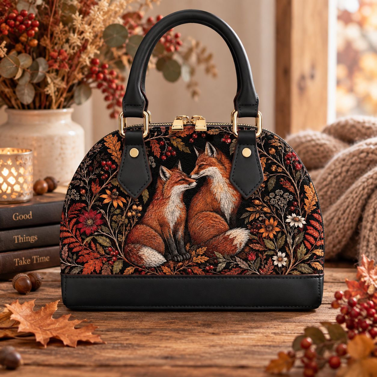 Small women's crossbody bag with 2 foxes, forest &amp; flowers