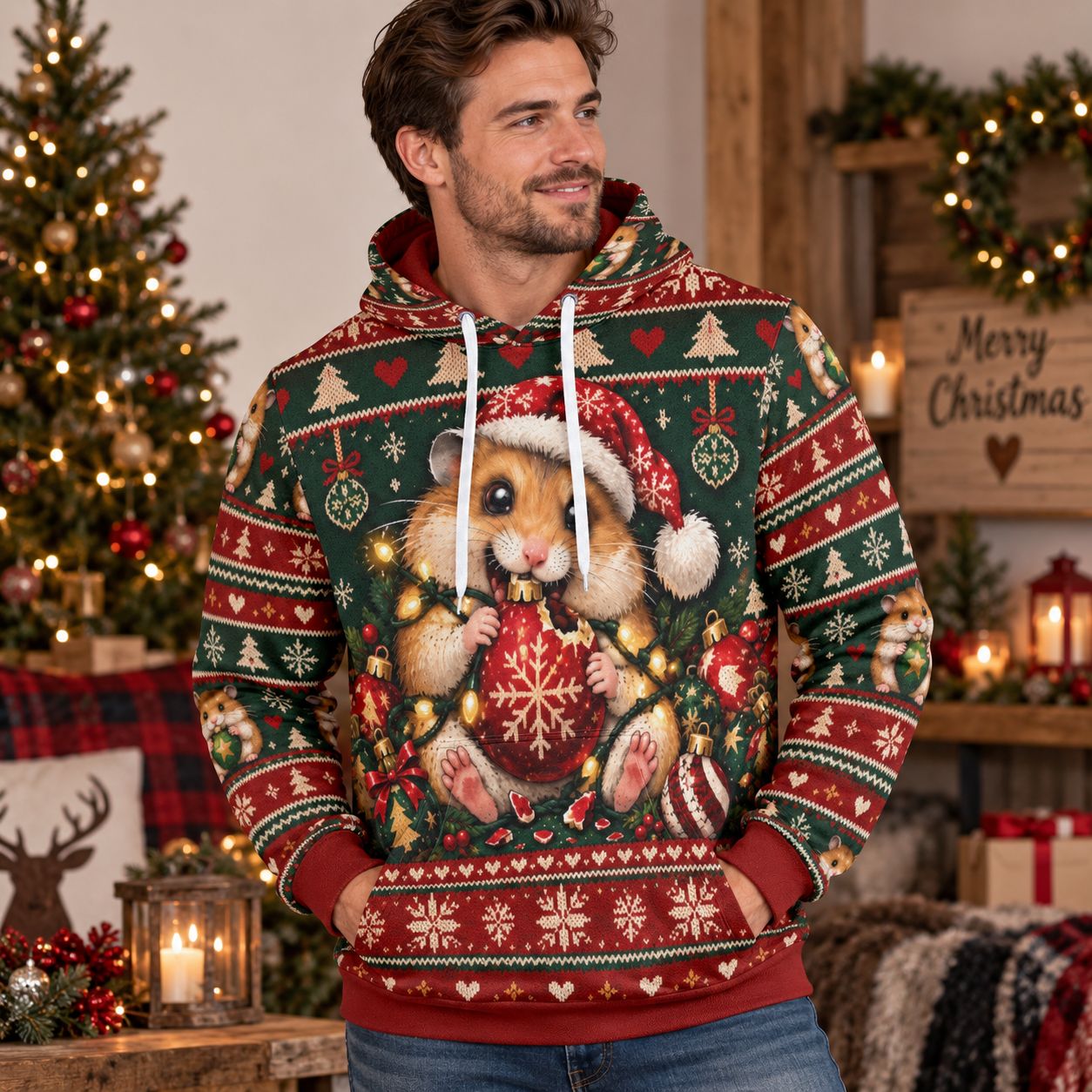 Unisex Ugly Christmas Hoodie with Hamster – Funny Christmas Sweatshirt for Men &amp; Women