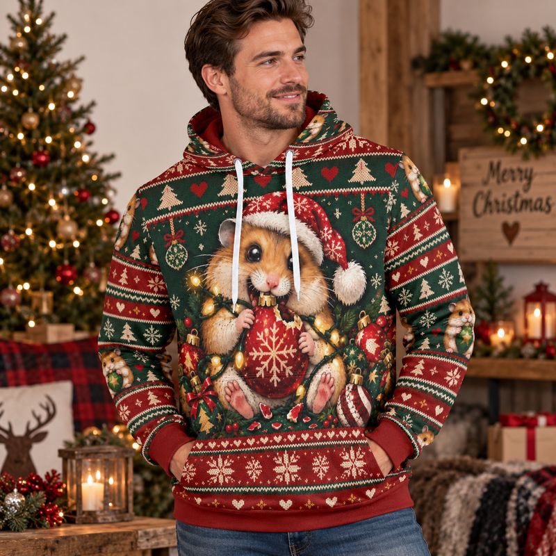 Unisex Ugly Christmas Hoodie with Hamster – Funny Christmas Sweatshirt for Men &amp; Women