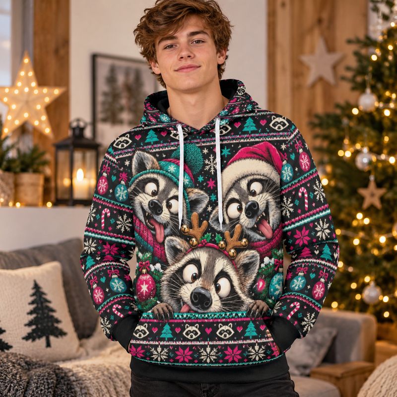 Unisex Ugly Christmas Hoodie with Raccoons – Funny Christmas Sweatshirt for Men &amp; Women