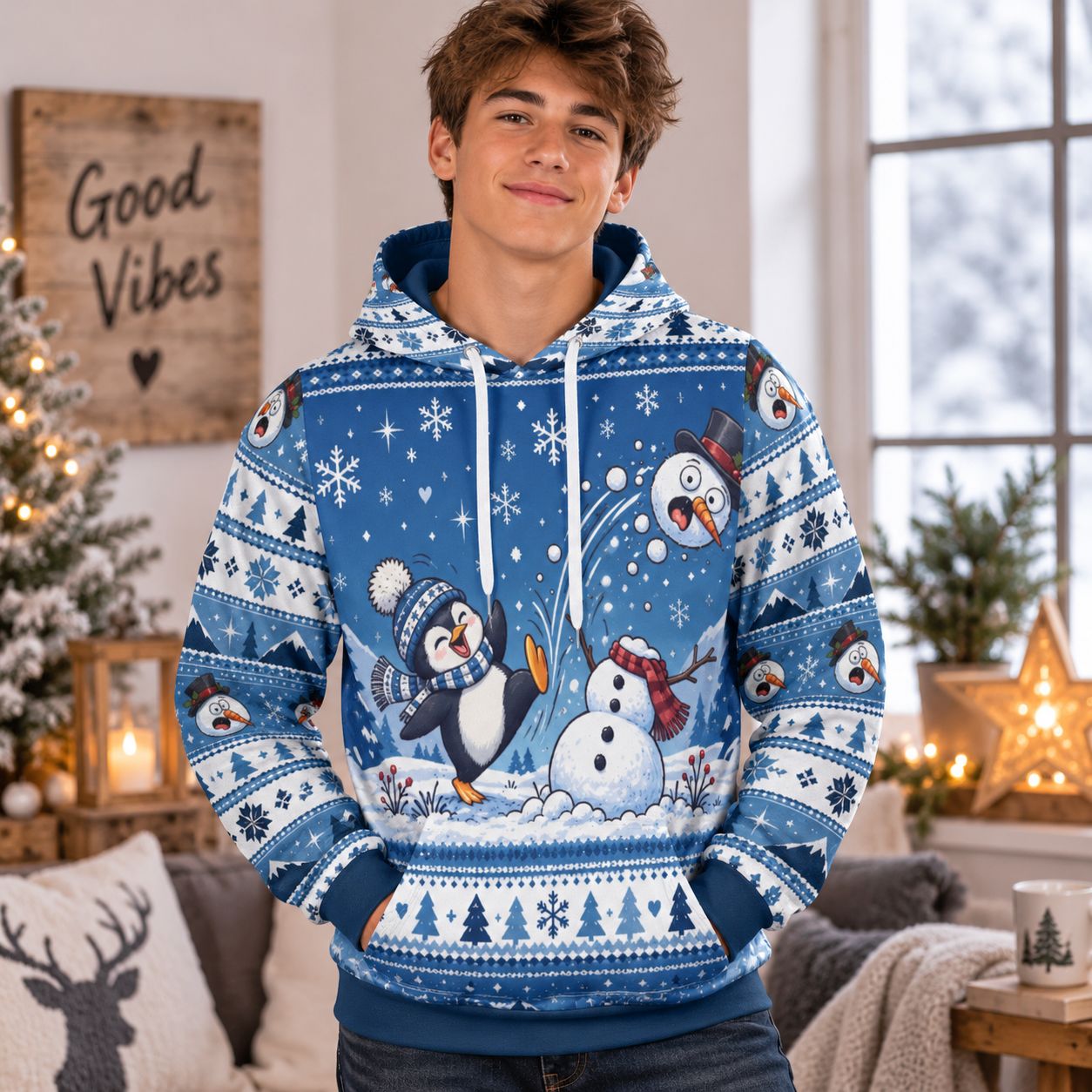 Unisex Ugly Christmas Hoodie with Snowman and Penguin – Funny Christmas Sweatshirt for Men &amp; Women