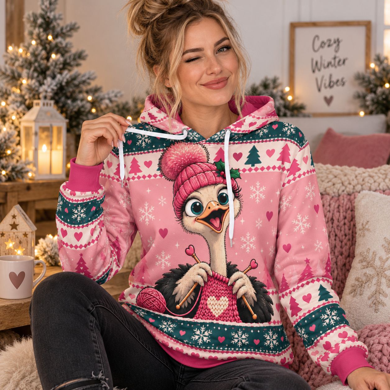 Unisex Ugly Christmas Hoodie – Funny Christmas Sweatshirt featuring an ostrich knitting