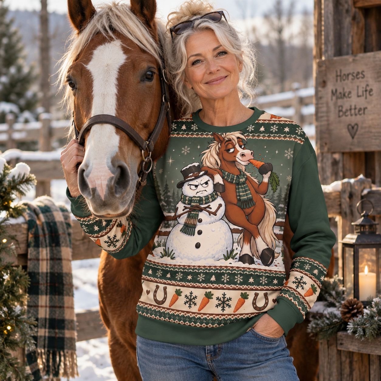 Horse &amp; Snowman Christmas Sweater – Fun "Ugly Christmas Sweater" for Horse Lovers