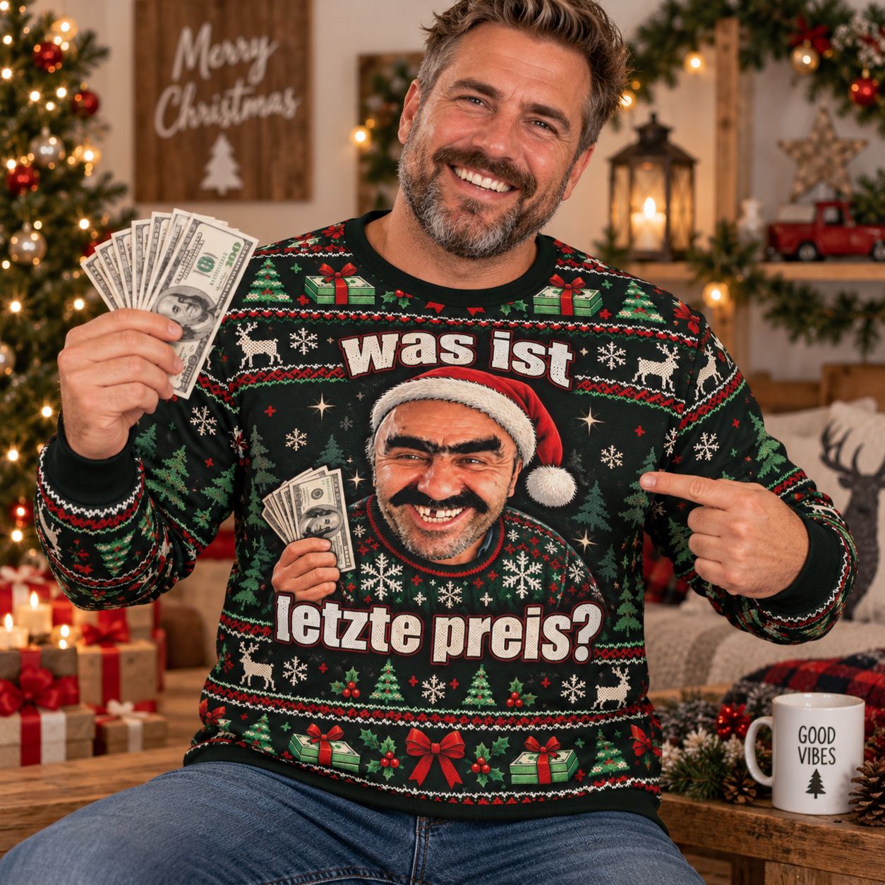 "What's the lowest price?" Meme Christmas Sweater – Funny Unisex Ugly Christmas Sweater