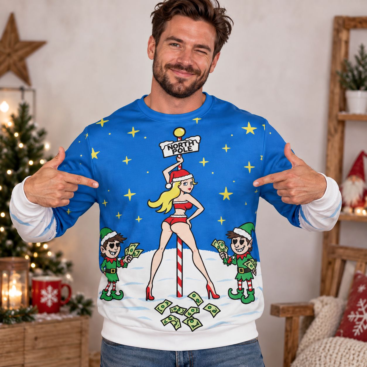 Unisex Funny Christmas Sweater – Cheeky "Ugly Christmas Sweater" with Mrs. Claus &amp; Elves
