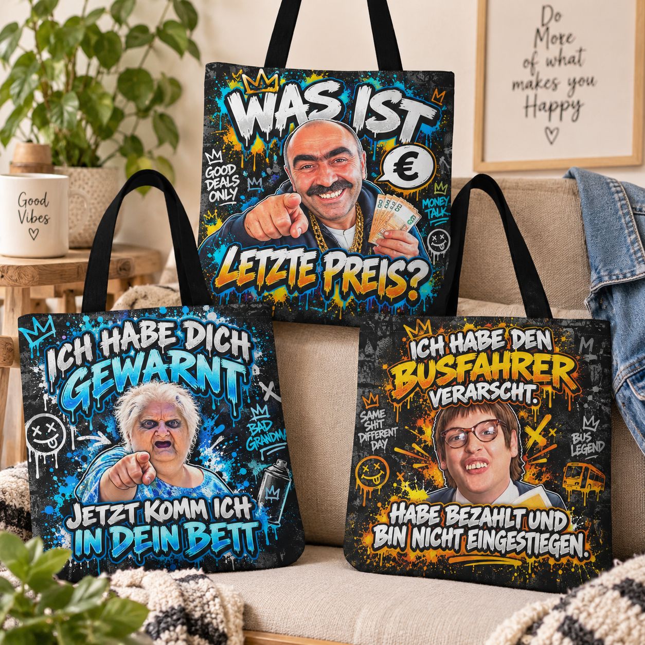 Funny Canvas Tote Bag 40x40 cm – Fabric Bag with Dark Humor Slogans