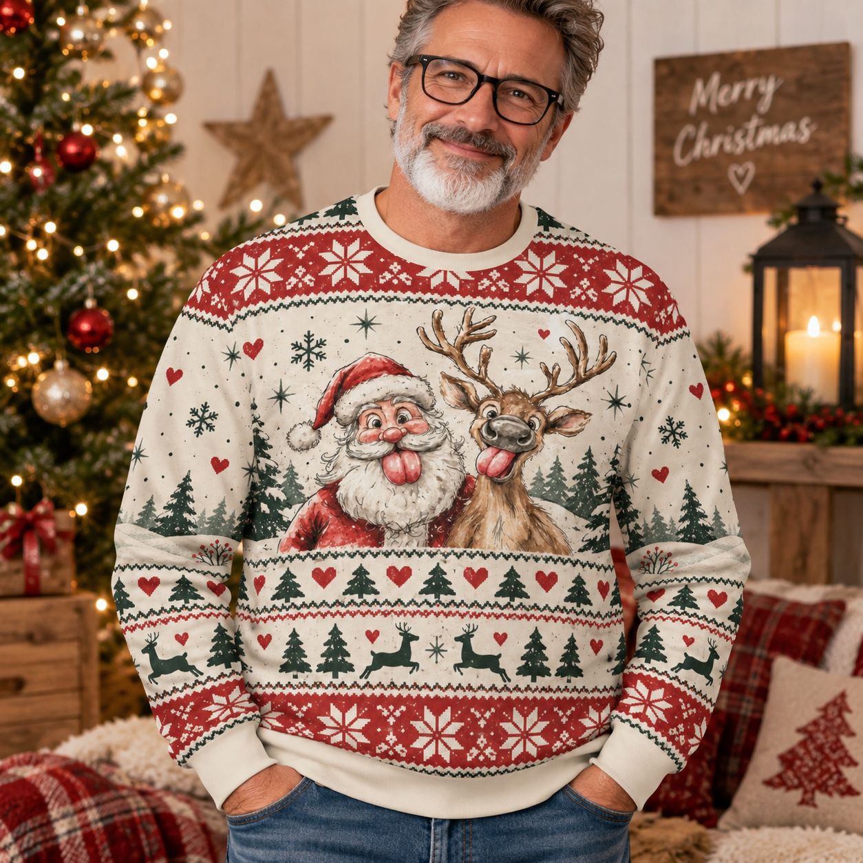Funny Christmas sweater with Santa &amp; reindeer