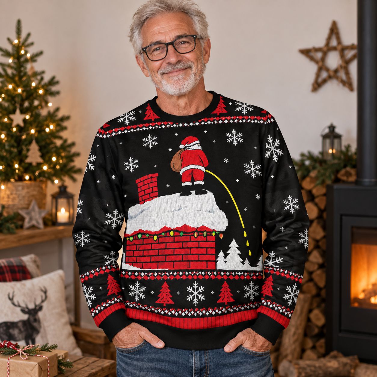 Funny Christmas sweater with a cheeky Santa Claus