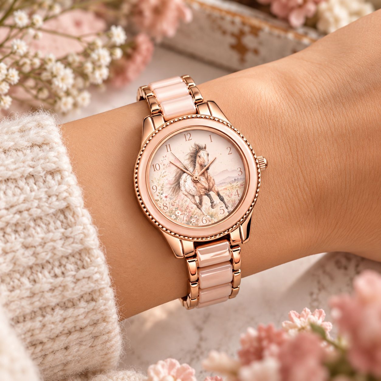 Women's Rose Gold Horse Wristwatch – Elegant Horse Watch with Pink Strap