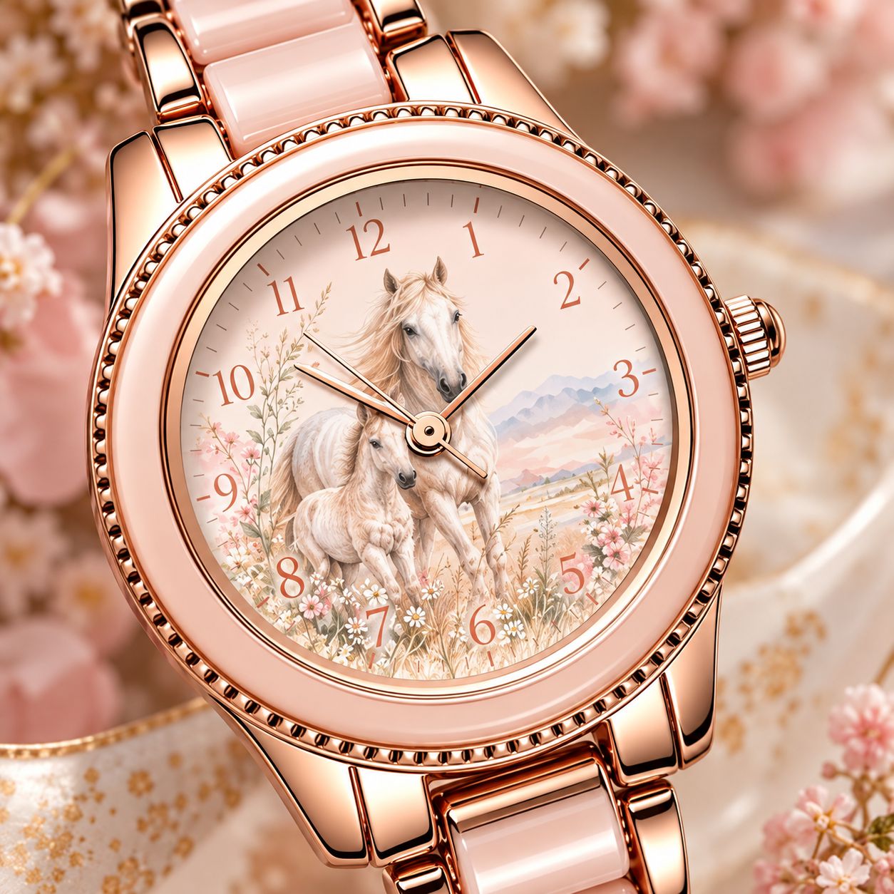 Women's Rose Gold Horse and Foal Wristwatch – Elegant Horse Watch with Pink Strap