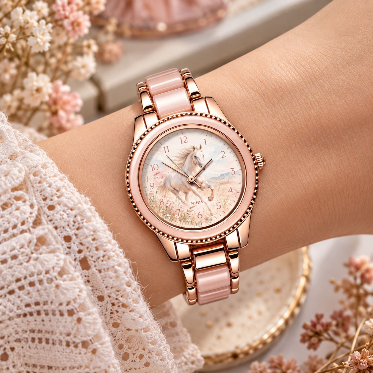 Women's White Horse Rose Gold Wristwatch – Elegant Horse Watch with Pink Strap