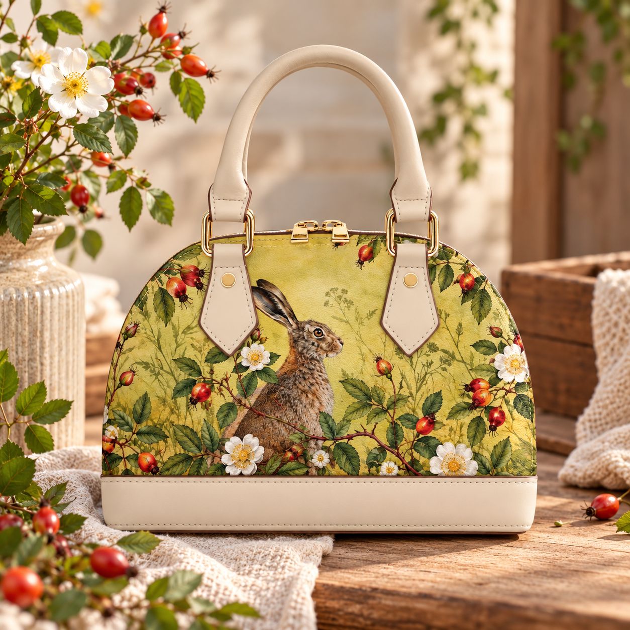 Small women's crossbody bag with rabbit &amp; rosehips