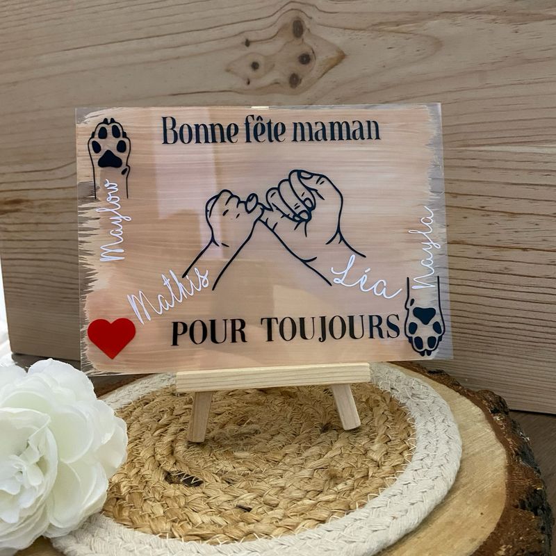 Plaque plexiglass/verre personnalisée modèle « mains famille 1 enfant 2 animaux »